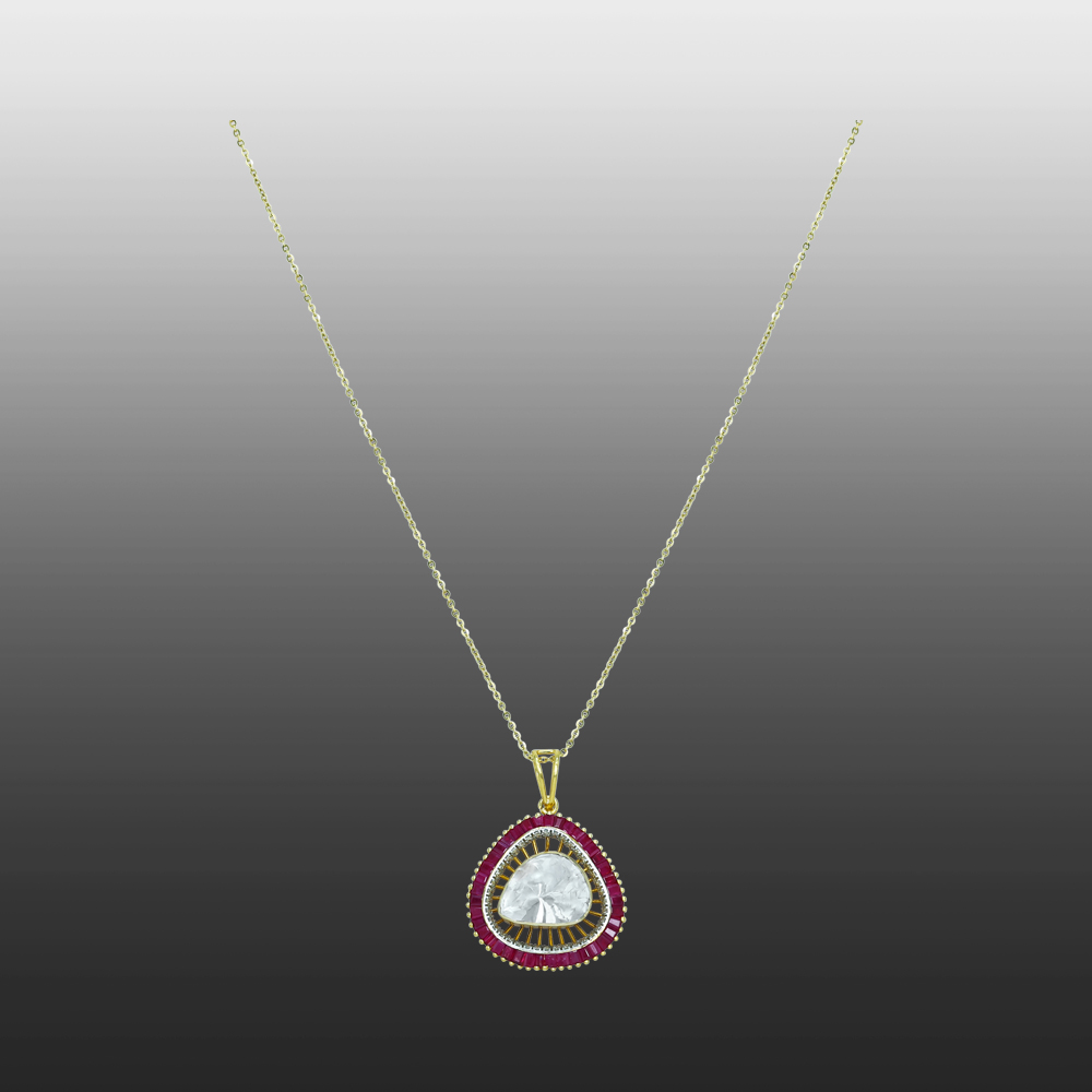 Pear-Shaped Polki Pendant with Red Ruby Baguettes